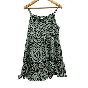 Jodifl‎ Tiered Leopard Print Ruffle Dress Medium Sleeveless Green Black